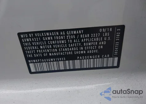 2016 Volkswagen E-Golf Se z USA, uszkodzony, nr VIN WVWKP7AU3GW915933